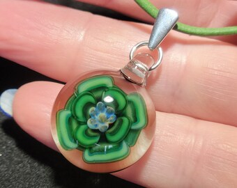 Small flower choker pendant, hand blown glass borosilicate floral necklace with sterling silver and round Greek leather.