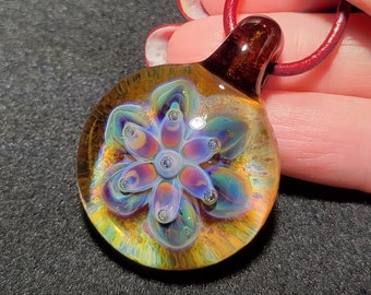 Handmade Blown Glass Lotus Blossom Mandala necklace, Groovy Flower Power Glass Pendant in Borosilicate Glass!