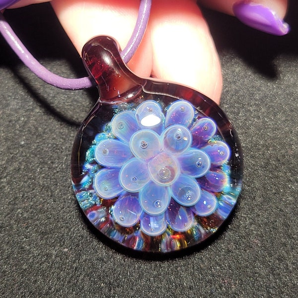 Borosilicate glass Implosion choker, hand blown sparkly glass pendant with sterling silver and round Greek leather.
