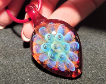 Hand blown art glass necklace,  unique red and blue implosion pendant in borosilicate glass make a great floral glass gift