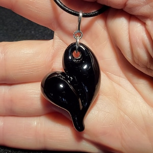 Black heart necklace, one handmade glass heart pendant in borosilicate with sterling silver. Perfect gift for black heart jewelry fans image 1