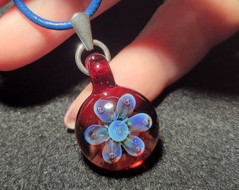 Handmade glass pendant, small hand blown glass implosion borosilicate choker on round leather with sterling silver