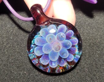 Borosilicate glass Implosion choker, hand blown sparkly glass pendant with sterling silver and round Greek leather.