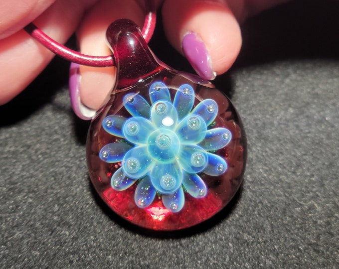 Boro Implosion pendant hand blown glass, cherry red base with blue Implosion design in borosilicate glass!  Blown glass art Jewelry gift.