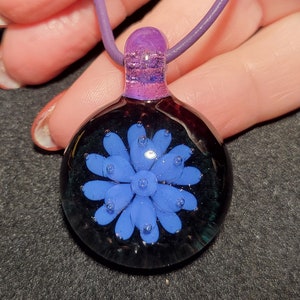 Heady glass pendant necklace, hand blown art glass jewelry, Borosilicate glass gift for a friend in purple, pink and black.