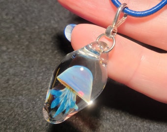 Handmade Jellyfish pendant - hand blown glass jellyfish necklace with sterling silver bail