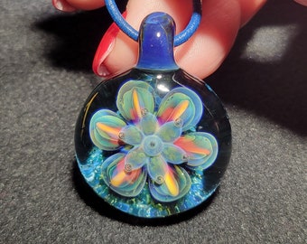 Groovy Flower Power Glass Pendant, Handmade Blown Glass Lotus Blossom Mandala Jewelry in Borosilicate Glass!