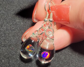 Earrings, featuring hand-blown glass & Gilson black opal stones set in teardrop dangle design I call Mermaid's Tears with sterling silver