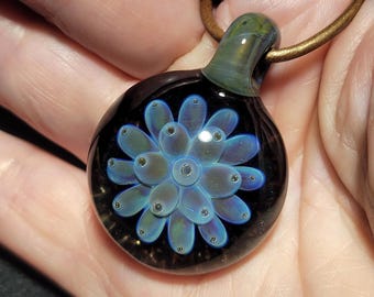 Borosilicate glass Implosion pendant, hand blown sparkly glass flower choker pendant with sterling silver and round Greek leather.