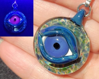 Blue evil Eye choker pendant, UV reactive, handmade  blown glass spooky eye with sterling silver bail! Free UV light keychain too!
