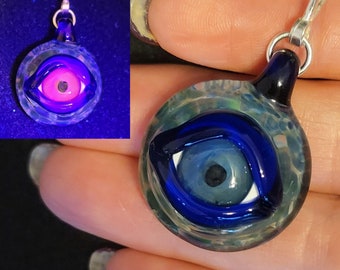 Blue evil Eye pendant, handmade blown glass eye choker with sterling silver bail!  UV reactive, with free UV light keychain