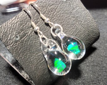 Earrings, featuring hand-blown glass & Gilson opal stones set in teardrop dangle design I call Mermaid's Tears with sterling silver