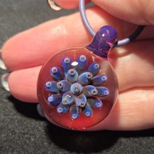 Purple glass pendant, hand blown, purple flower Implosion design in borosilicate. Perfect heady glass pendant gift.