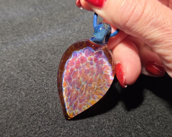 Large hand blown glass pendant,  Oblong borosilicate glass frit implosion design.  Handmade glass jewelry necklace.