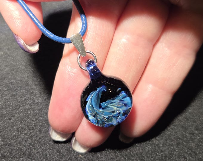 Small hand blown borosilicate glass pendant, Dainty Ocean Wave implosion choker pendant with sterling silver bail!  Boro frit design.