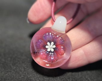 Hand Blown Glass Jewelry.  Handmade Glass Flower Pendant.  Pink Glass Implosion Necklace!  Heady Glass Flower Jewelry