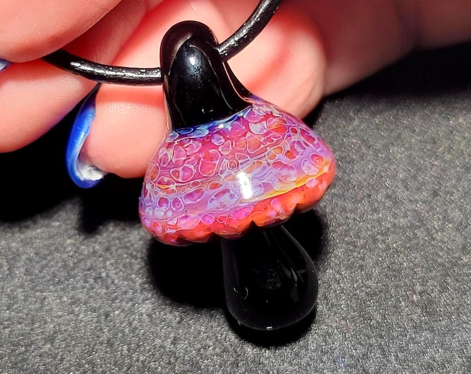 Magic Mushroom Jewelry, Hand Blown Art Glass Pendant Necklace, Heady Shroom in Pinks and Black.   A Unique Gift for Nature Enthusiasts!