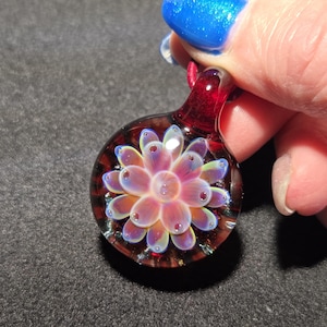 Borosilicate artisan glass choker, hand blown glass pendant with a red, purple & blue implosion design.  Blown glass jewelry.