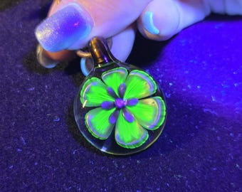 UV Reactive Glass Flower Pendant, Color Changing Bronze to Neon Green Borosilicate Necklace, Heady Hand Blown Lampwork Jewelry
