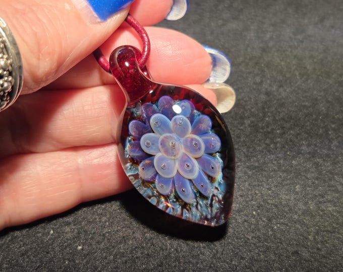 Purple Heady Glass Flower Pendant, Hand Blown Borosilicate Implosion Necklace, Sparkling Red Lampwork Jewelry