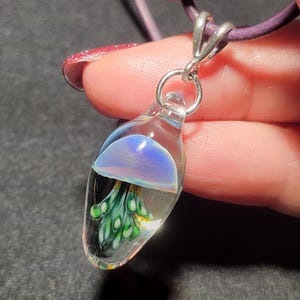 Dainty Jellyfish pendant handmade glass jellyfish necklace on round Greek leather with sterling silver clasp.  Perfect ocean inspired gift.