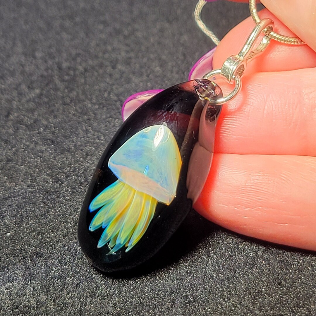 Hand Blown Glass Jellyfish Pendant, Handmade Borosilicate Glass With Sterling Silver Bail