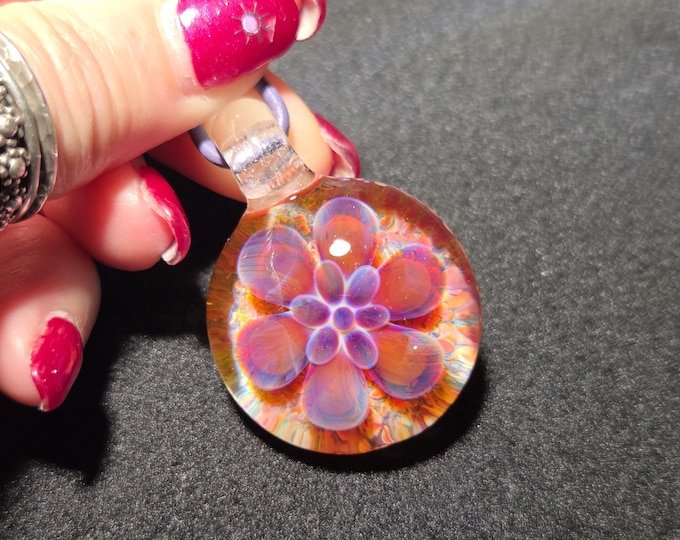 Heady Glass Pendant, Handmade Lampwork Art Glass Flower Necklace in Purple and Orange Borosilicate!  Hand Blown Glass Bohemian Jewelry