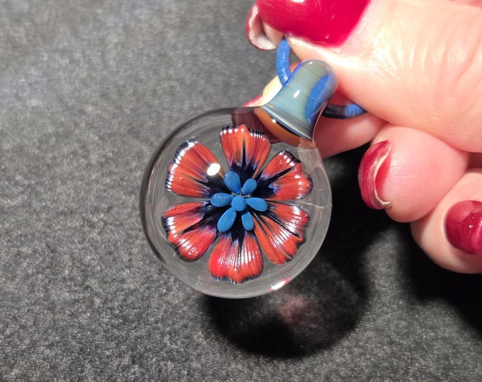 Fantasy Flower Implosion Pendant, Red and Blue Hand Blown Glass Necklace, Handmade Lampwork, Heady Borosilicate Jewelry