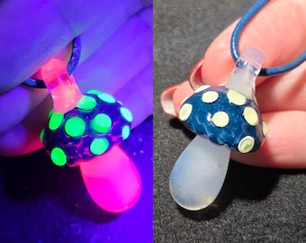 Magical Mushroom Jewelry, UV Reactive Glow Mushroom, Hand Blown Art Glass Pendant Necklace in Pink, Unique Gift for Nature Enthusiasts!