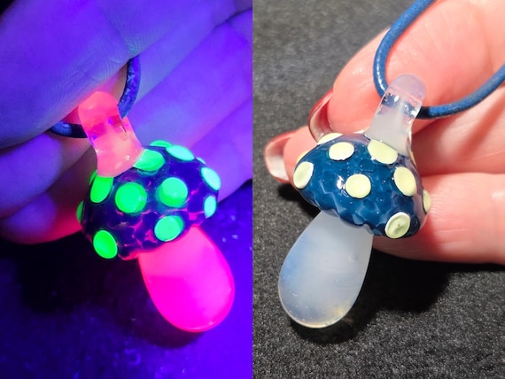 Magical Mushroom Jewelry, UV Reactive Glow Mushroom, Hand Blown Art Glass Pendant Necklace in Pink, Unique Gift for Nature Enthusiasts!
