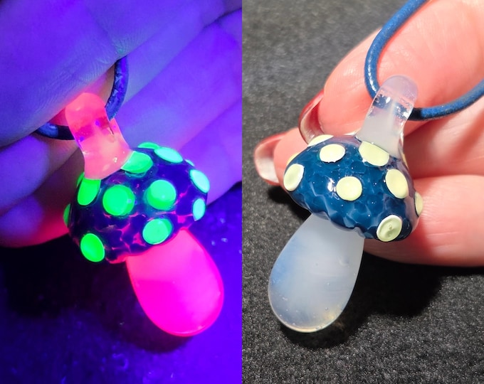 Magical Mushroom Jewelry, UV Reactive Glow Mushroom, Hand Blown Art Glass Pendant Necklace in Pink, Unique Gift for Nature Enthusiasts!
