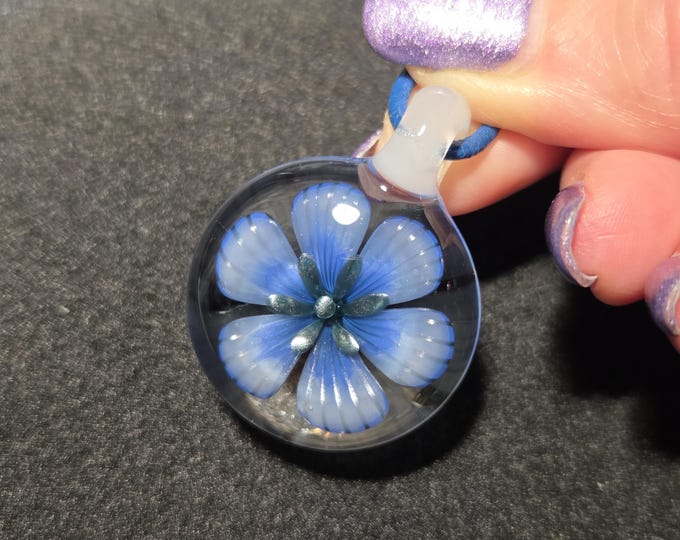 Heady Glass Flower Pendant. Color Changing UV Reactive Borosilicate Jewelry.  White and Blue Hand Blown Art Glass Necklace.