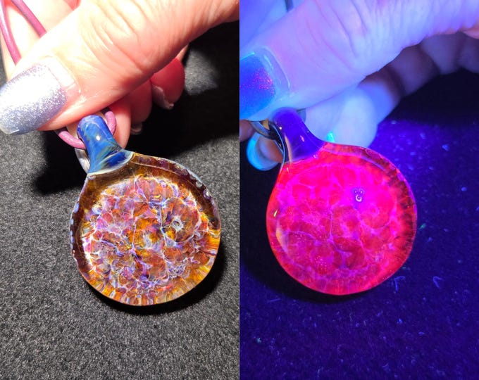 Hand blown Glow Glass Necklace, Unique handcrafted UV Reactive Borosilicate Frit Implosion Choker Pendant that makes a cool mens necklace