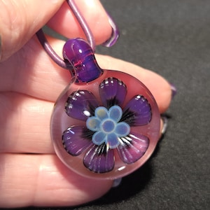 Handmade art glass necklace, Hand Blown purple boro implosion flower pendant in Borosilicate!  Heady Glass Flower Jewelry