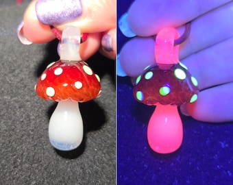 UV Reactive Glow Mushroom, Red Mushroom Lampwork Glass Pendant Necklace, Cottagecore Jewelry,