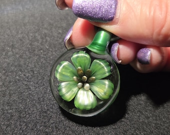 Green Glass Flower Pendant, Hand Blown Necklace with Floral Implosion in Borosilicate!  Heady Glass Flower Jewelry