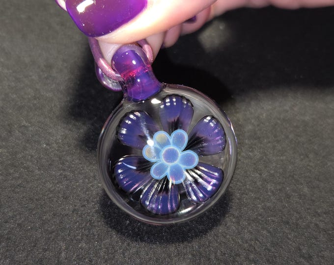 Handmade art glass necklace, Hand Blown purple boro implosion flower pendant in Borosilicate!  Heady Glass Flower Jewelry
