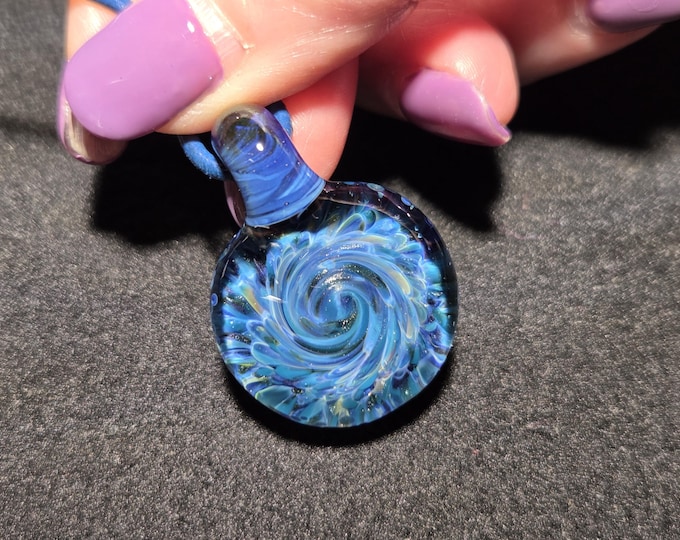 Blue wave pendant, hand blown glass implosion necklace,  Under the sea borosilicate glass frit implosion pendant