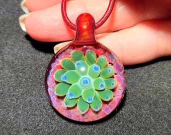 Hand blown glass pendant, handmade art glass necklace with a borosilicate green implosion that makes a great glass holiday gift.