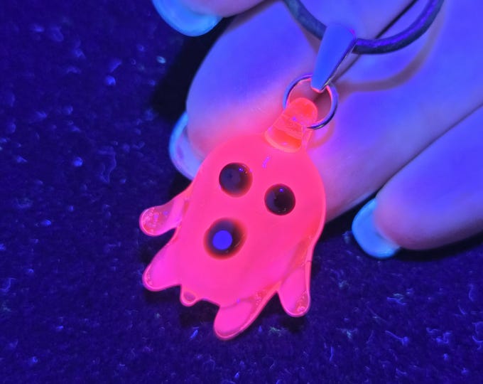 Glass Ghost Pendant,  Hand blown UV reactive glow glass ghost necklace for Halloween.  Cute ghost jewelry.