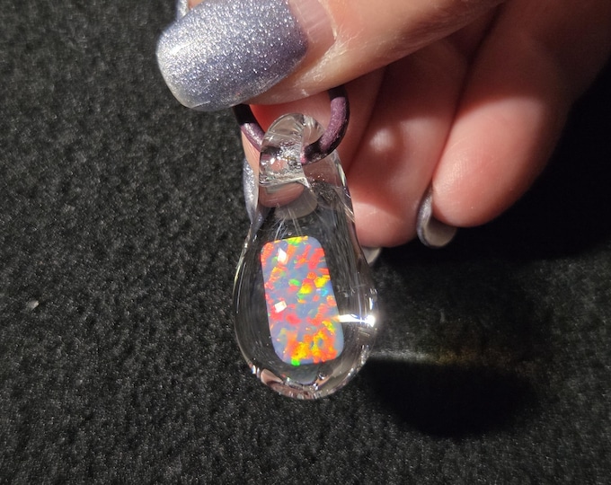 White Gilson opal slab encased in borosilicate pendant.  I call this opal teardrop dangle necklace design “Mermaid’s tears”.