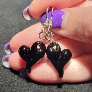 Elegant Black Heart Earrings, Lightweight Handmade Blown Glass Heart Dangles with   Sterling. Black is associated with power, and elegance.