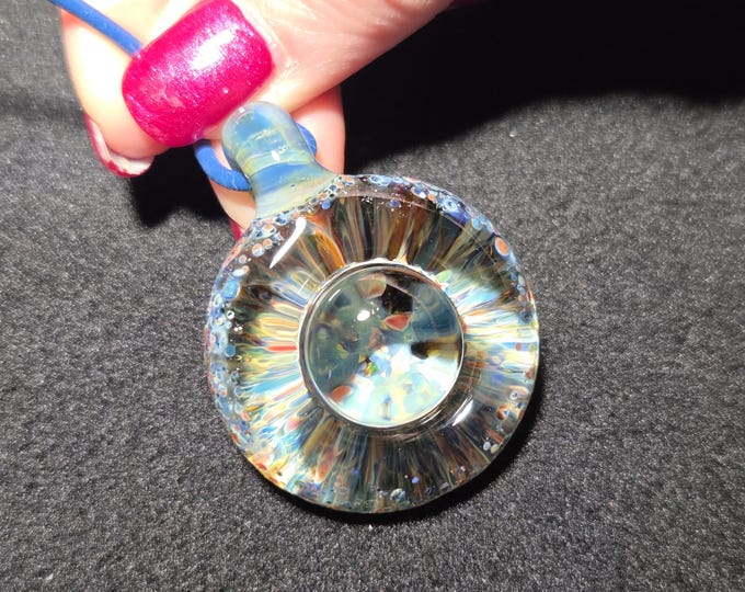 Borosilicate Implosion pendant, Handmade blown glass radial implosion design!  Great gift for a man.  Handcrafted glass Jewelry.