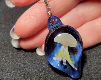 Hand blown glass blue Jellyfish pendant, handmade borosilicate jellyfish necklace with sterling silver bail.  Trippy jellyfish pendant