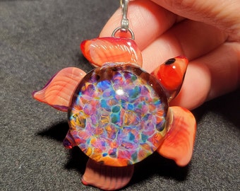 Large Sea Turtle pendant with frit implosion, handmade blown glass borosilicate turtle necklace with sterling silver bail