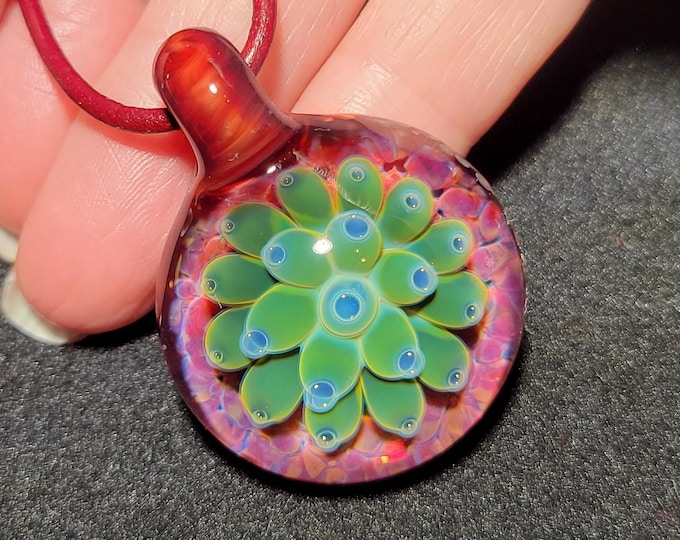 Hand blown glass pendant, handmade art glass necklace with a borosilicate green implosion that makes a great glass holiday gift.