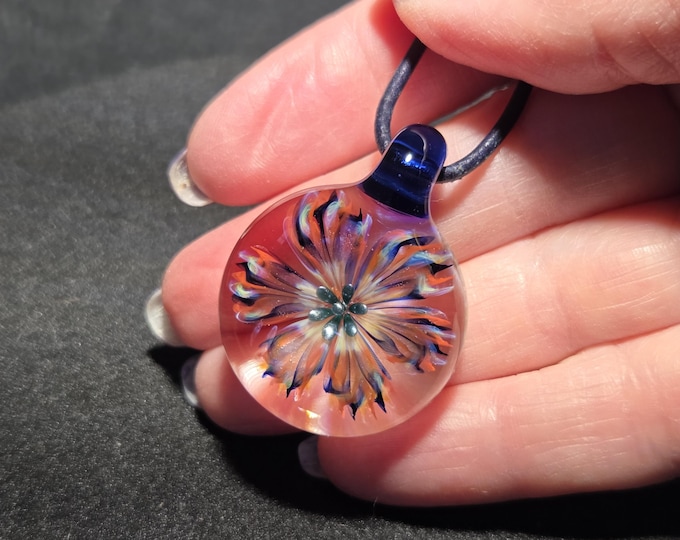 Art Glass Flower Necklace, Handmade Lampwork Heady Glass Pendant, Borosilicate Hand Blown Glass Gift.  Blown Glass Jewelry
