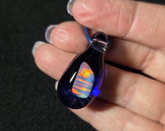 Large Gilson opal encased in borosilicate pendant.  I call this cobalt blue opal teardrop dangle necklace design “Mermaid tears”.