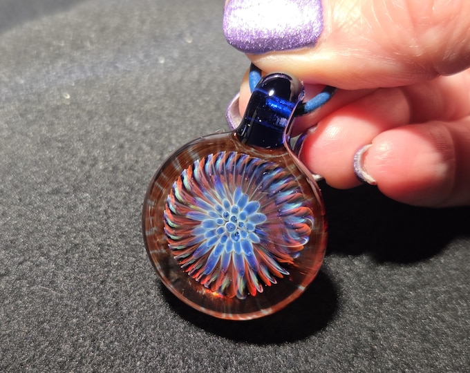 Cosmic Spiral Vortex Glass Pendant, Trippy Blue and Red Optical Illusion Necklace, Heady Lampwork Glass Jewelry