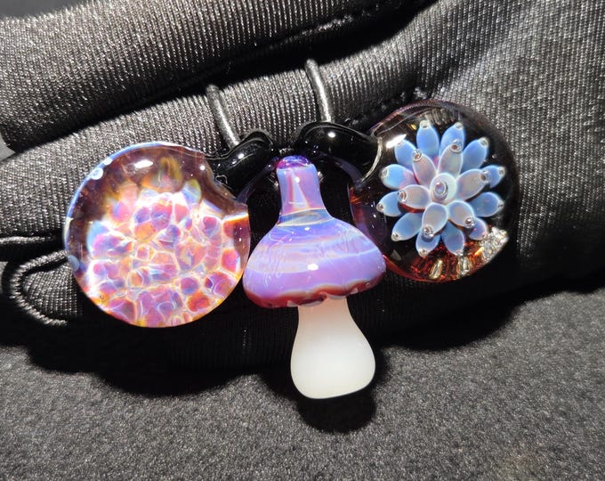3 Blown glass pendant necklace bundle.  Handmade mushroom and implosion pendants.  Heady glass jewelry gifts for the holidays.